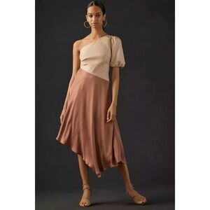 Anthropologie One Shoulder Asymmetrical Midi‎ Dress Sz 2 NWT Leather Puff Sleeve